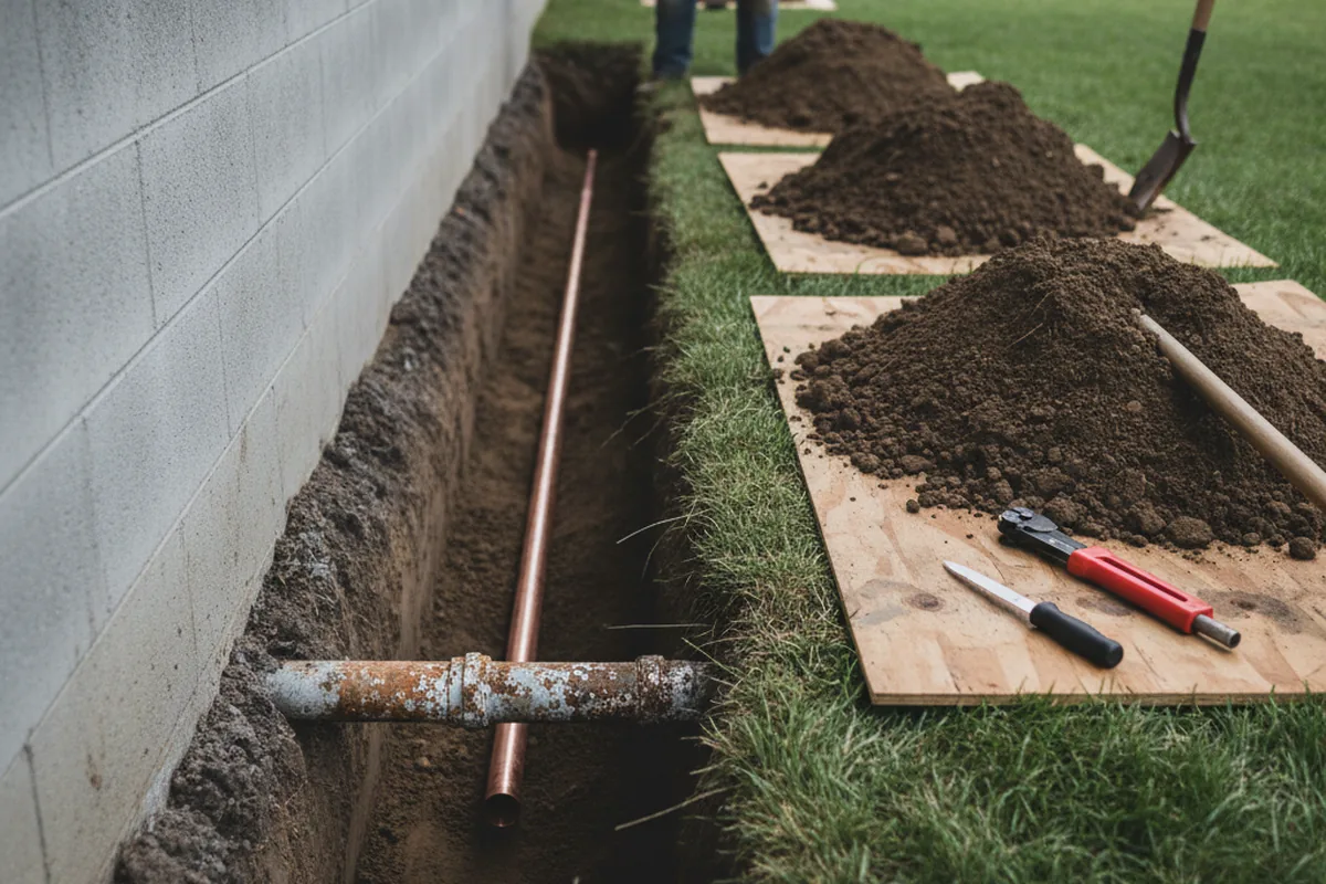 Excavated water line trench during Water Heater Repair in Secaucus